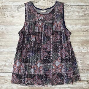 Bobbie Brooks Sleeveless Blouse Tank Womens 2X Blue Lined Geometric Raw Hem